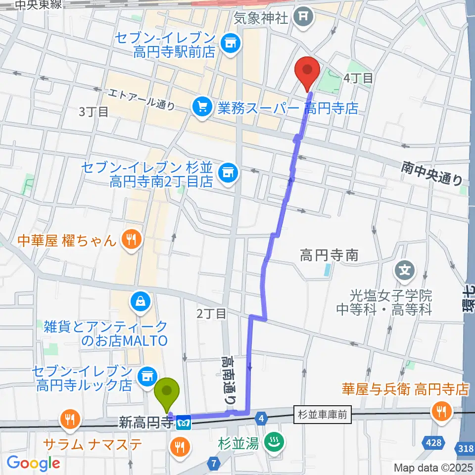 新高円寺駅からAMPcafeへのルートマップ地図