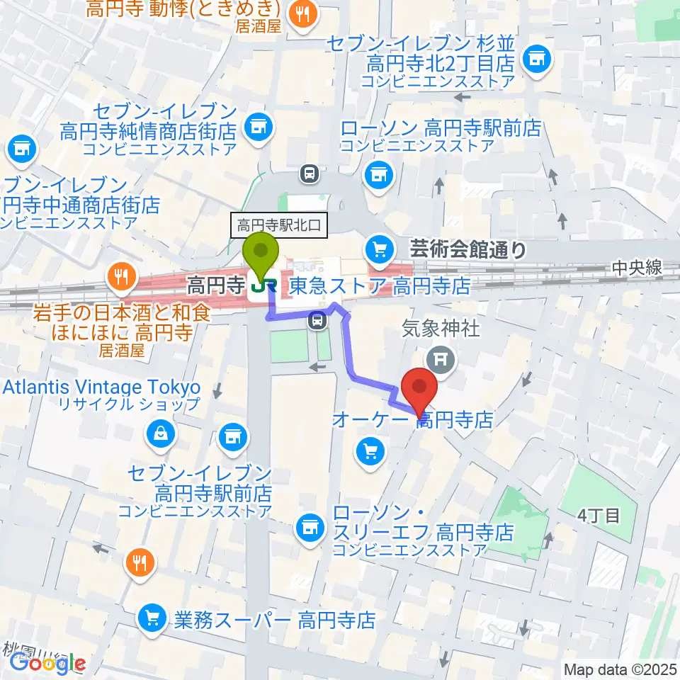 EAD RECORDの最寄駅高円寺駅からの徒歩ルート（約2分）地図