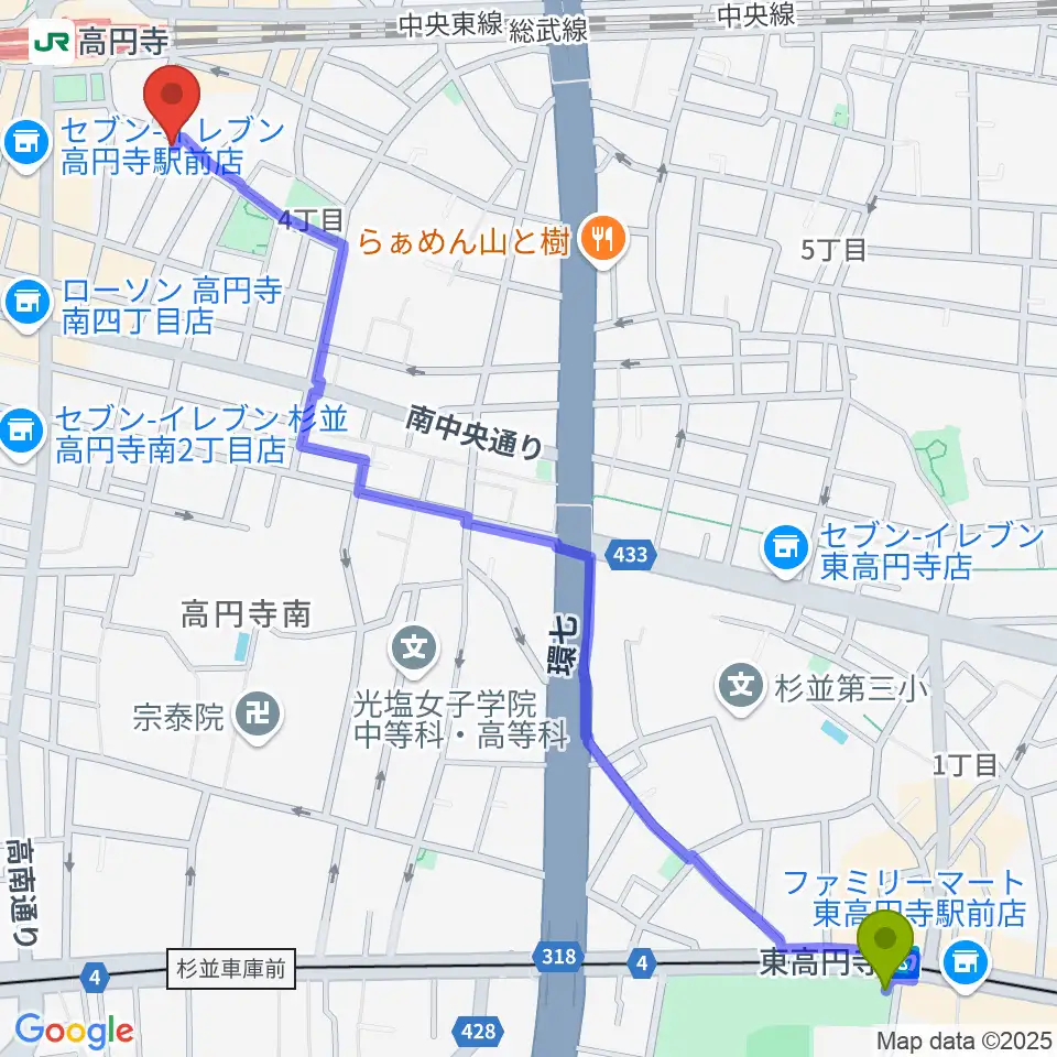 東高円寺駅からEAD RECORDへのルートマップ地図