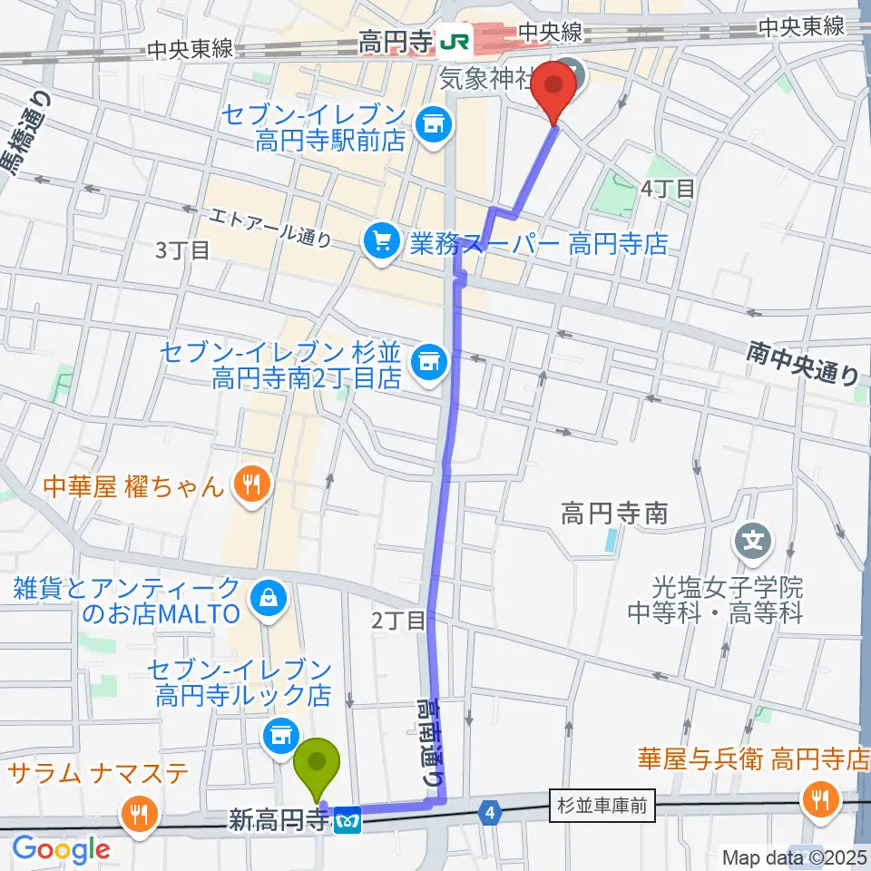 新高円寺駅からEAD RECORDへのルートマップ地図