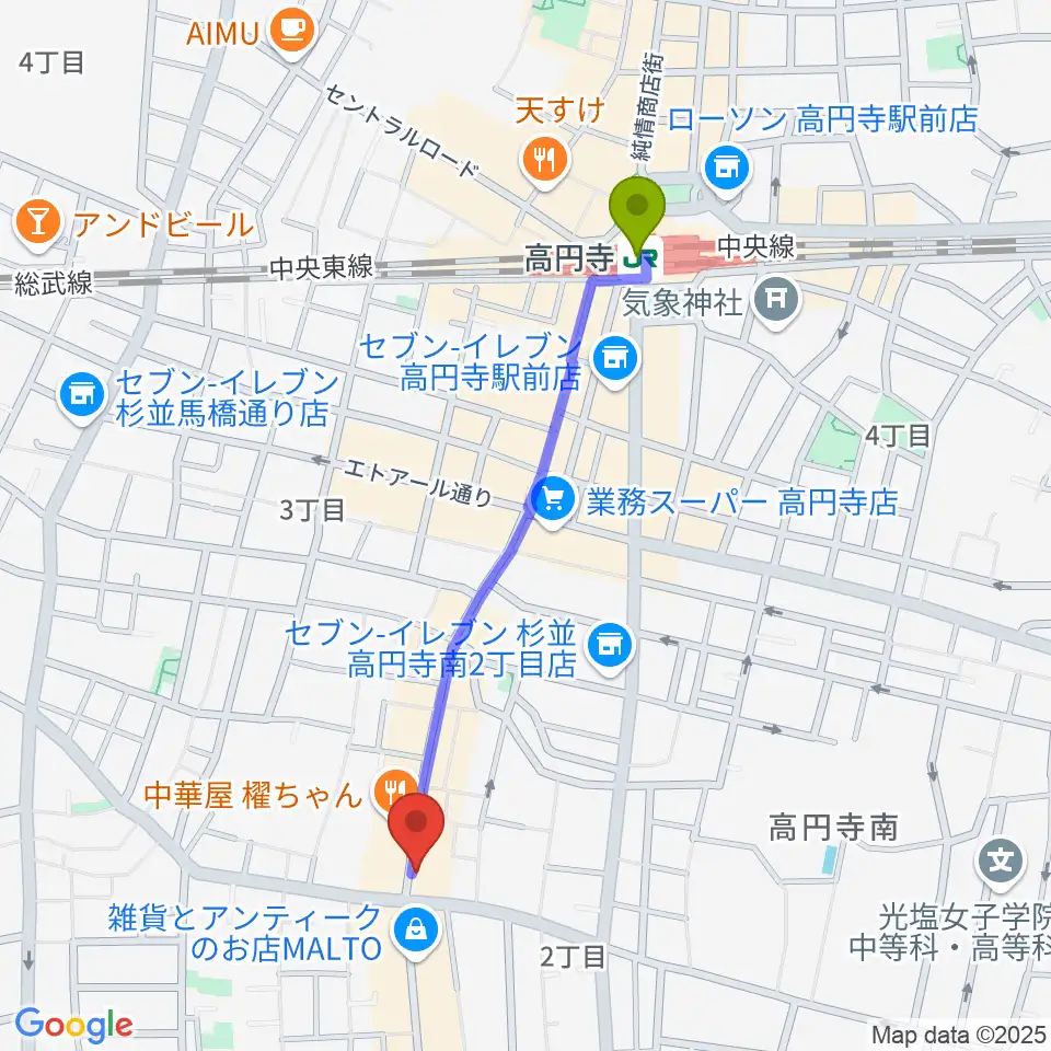 高円寺駅から和楽器BAR 龍宮へのルートマップ地図