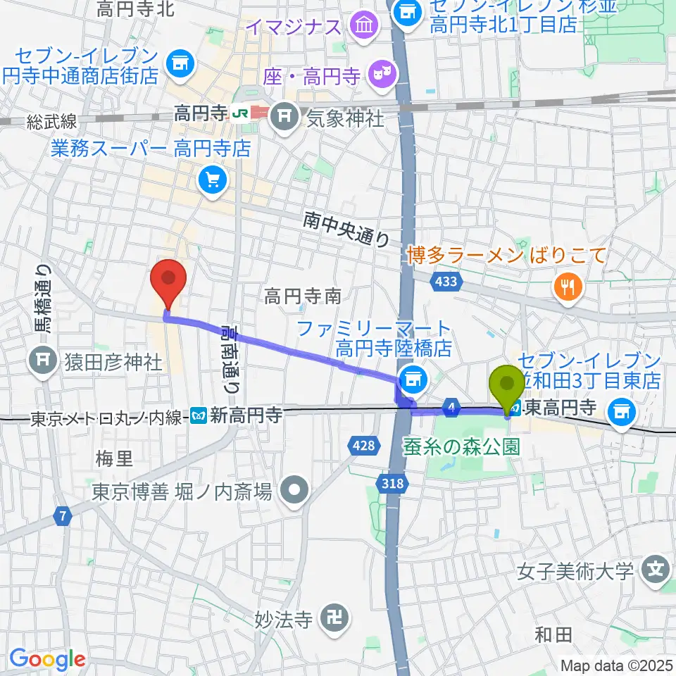 東高円寺駅から和楽器BAR 龍宮へのルートマップ地図