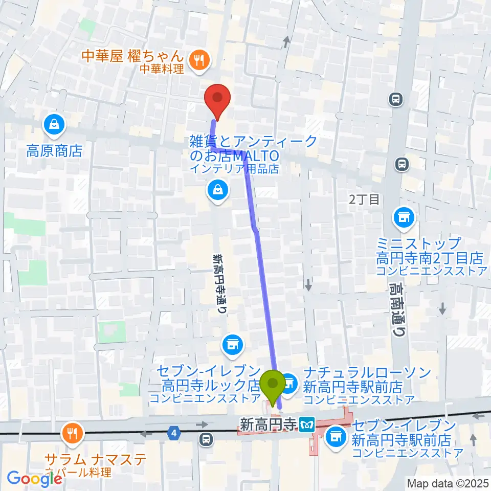 和楽器BAR 龍宮の最寄駅新高円寺駅からの徒歩ルート（約5分）地図