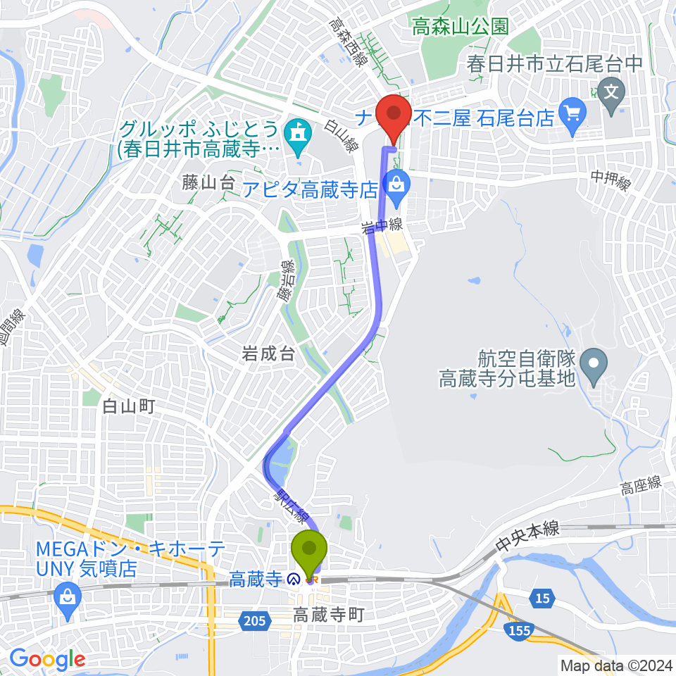 春日井市東部市民センターの最寄駅高蔵寺駅からの徒歩ルート（約41分）地図