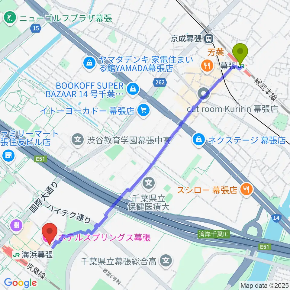 幕張駅からホテルスプリングス幕張スプリングスホールへのルートマップ地図