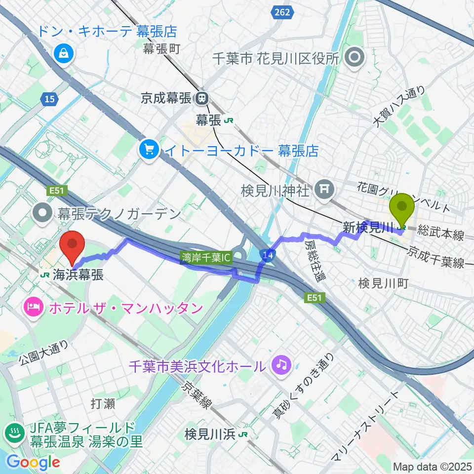 新検見川駅からホテルスプリングス幕張スプリングスホールへのルートマップ地図