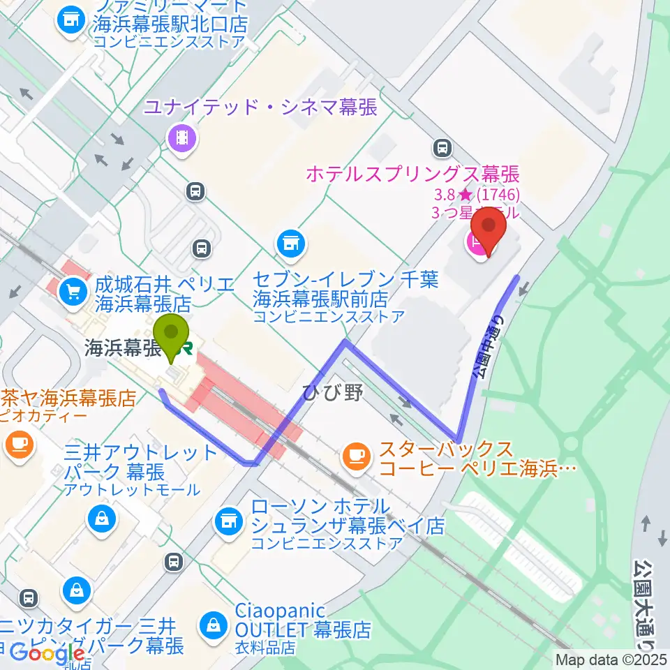 ホテルスプリングス幕張スプリングスホールの最寄駅海浜幕張駅からの徒歩ルート（約4分）地図