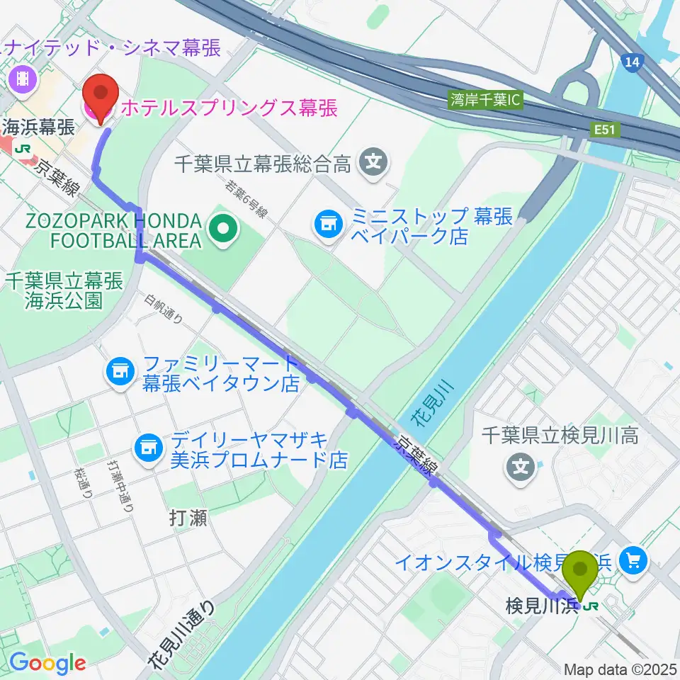 検見川浜駅からホテルスプリングス幕張スプリングスホールへのルートマップ地図