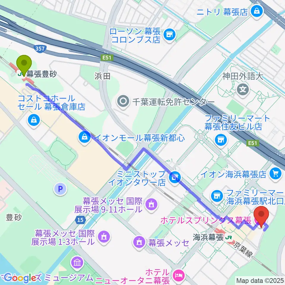 幕張豊砂駅からホテルスプリングス幕張スプリングスホールへのルートマップ地図