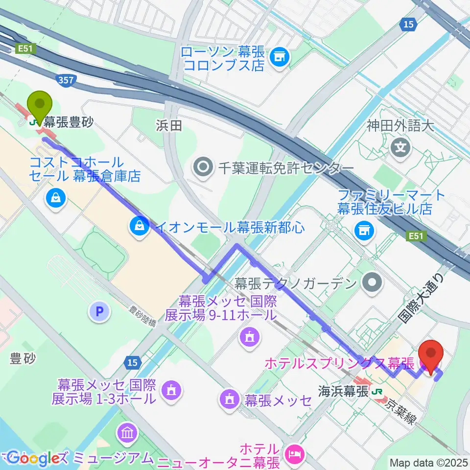 幕張豊砂駅からホテルスプリングス幕張スプリングスホールへのルートマップ地図