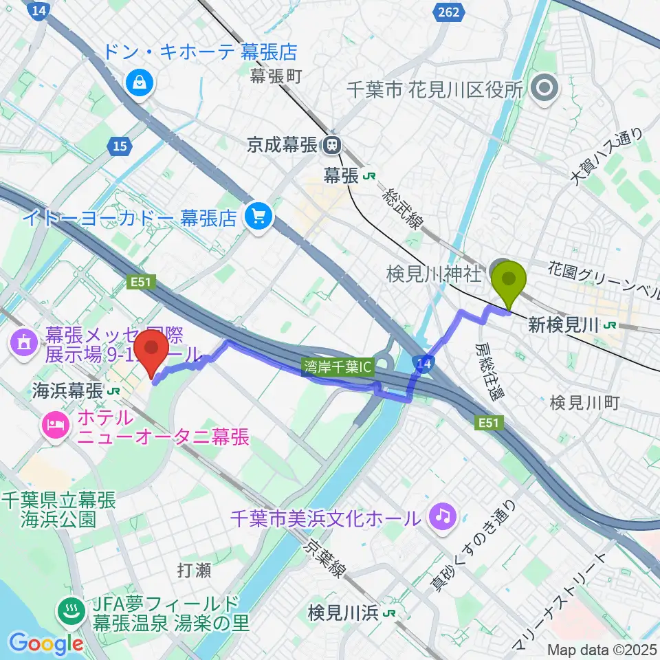 検見川駅からホテルスプリングス幕張スプリングスホールへのルートマップ地図