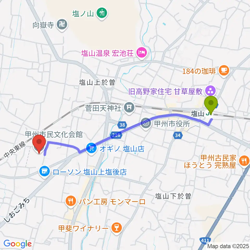 甲州市民文化会館の最寄駅塩山駅からの徒歩ルート（約22分）地図