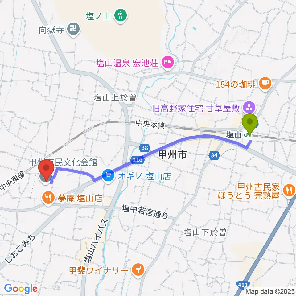 甲州市民文化会館の最寄駅塩山駅からの徒歩ルート（約22分）地図