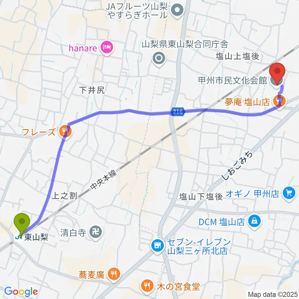 東山梨駅から甲州市民文化会館へのルートマップ地図