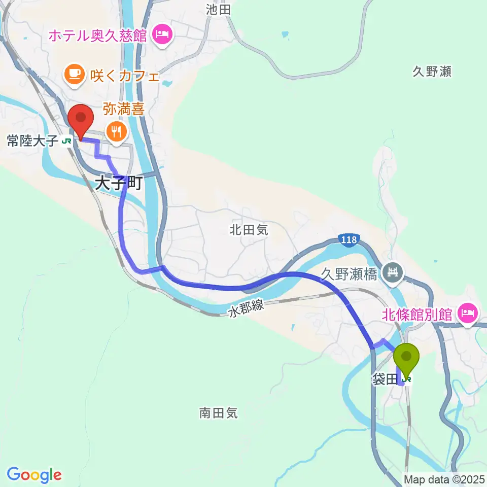 袋田駅から大子町文化福祉会館まいんへのルートマップ地図