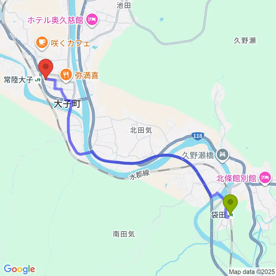 袋田駅から大子町文化福祉会館まいんへのルートマップ地図