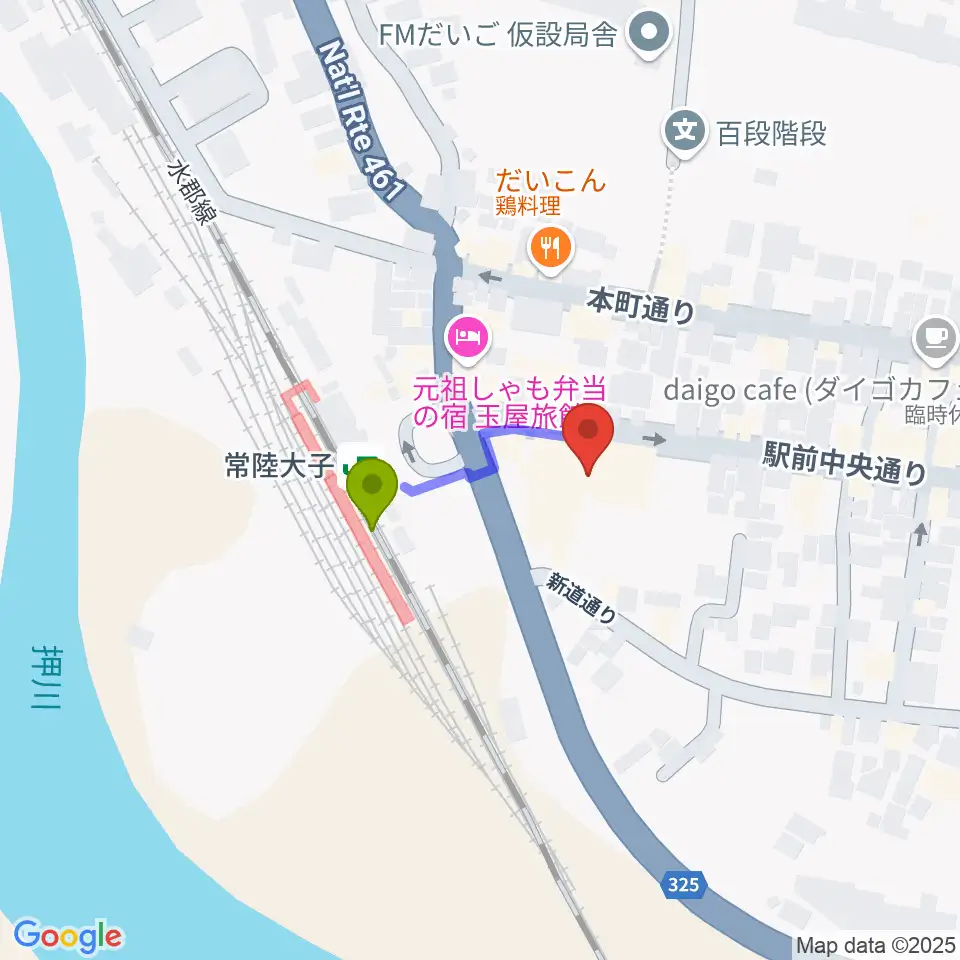 大子町文化福祉会館まいんの最寄駅常陸大子駅からの徒歩ルート（約2分）地図