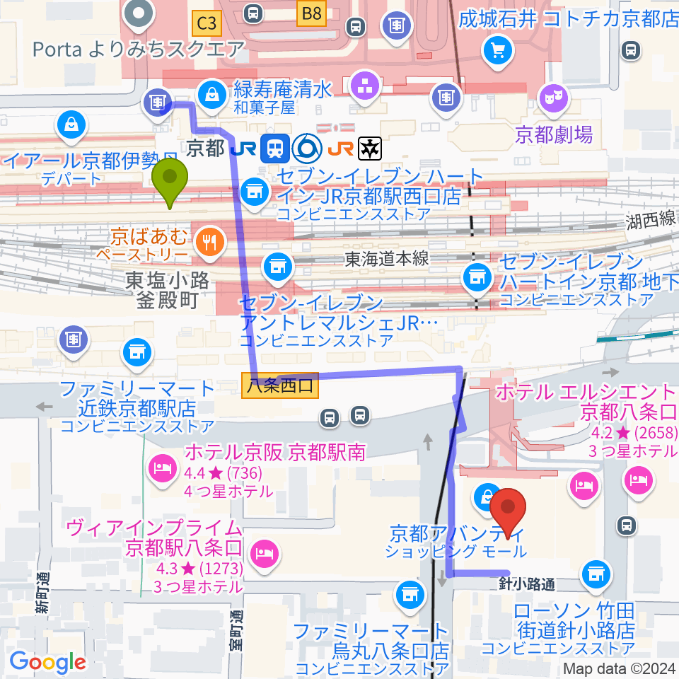 龍谷大学 響都ホール 校友会館の最寄駅京都駅からの徒歩ルート（約5分）地図