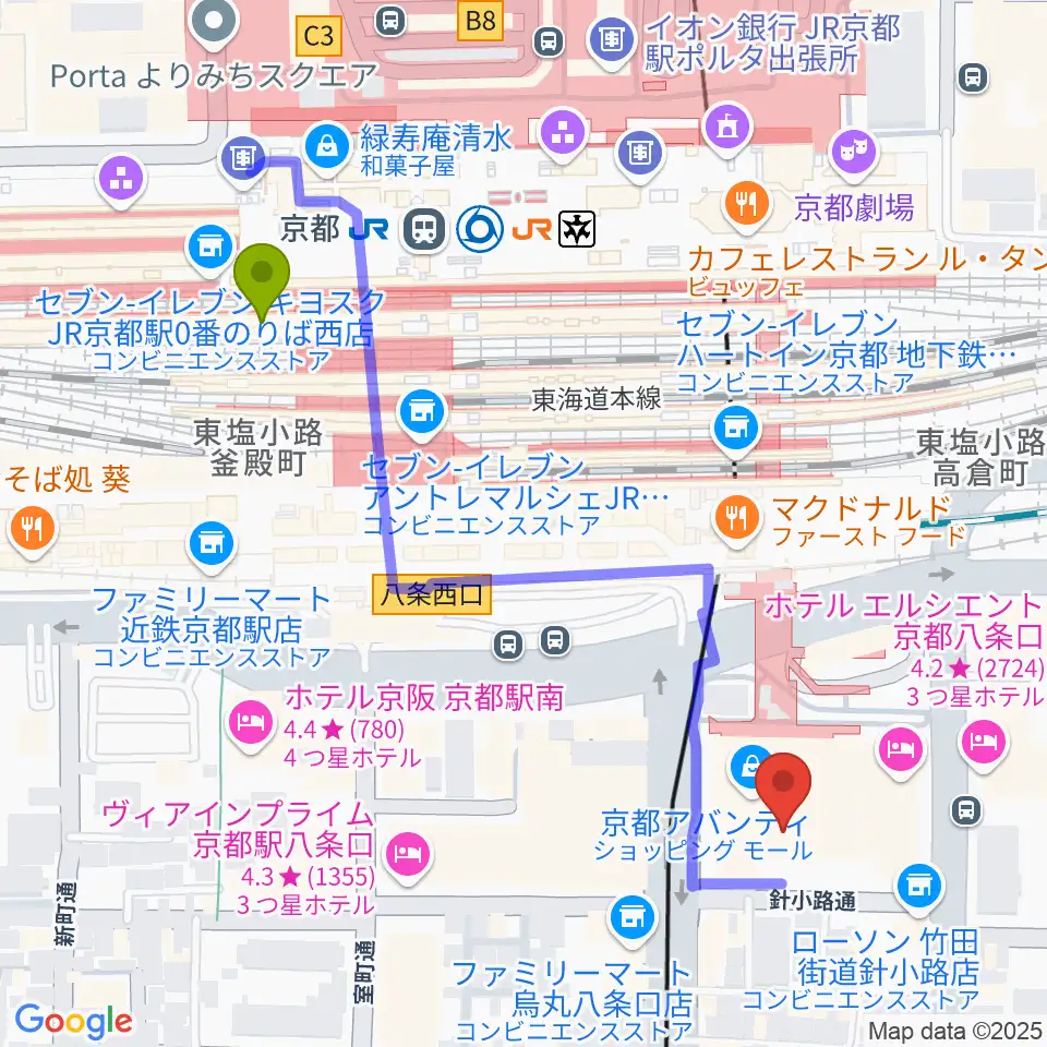 龍谷大学 響都ホール 校友会館の最寄駅京都駅からの徒歩ルート（約5分）地図