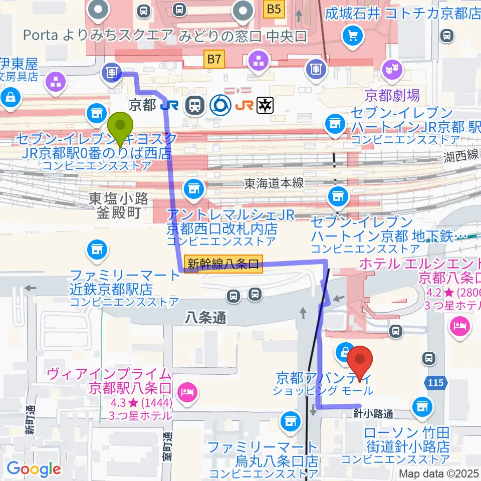 龍谷大学 響都ホール 校友会館の最寄駅京都駅からの徒歩ルート（約5分）地図