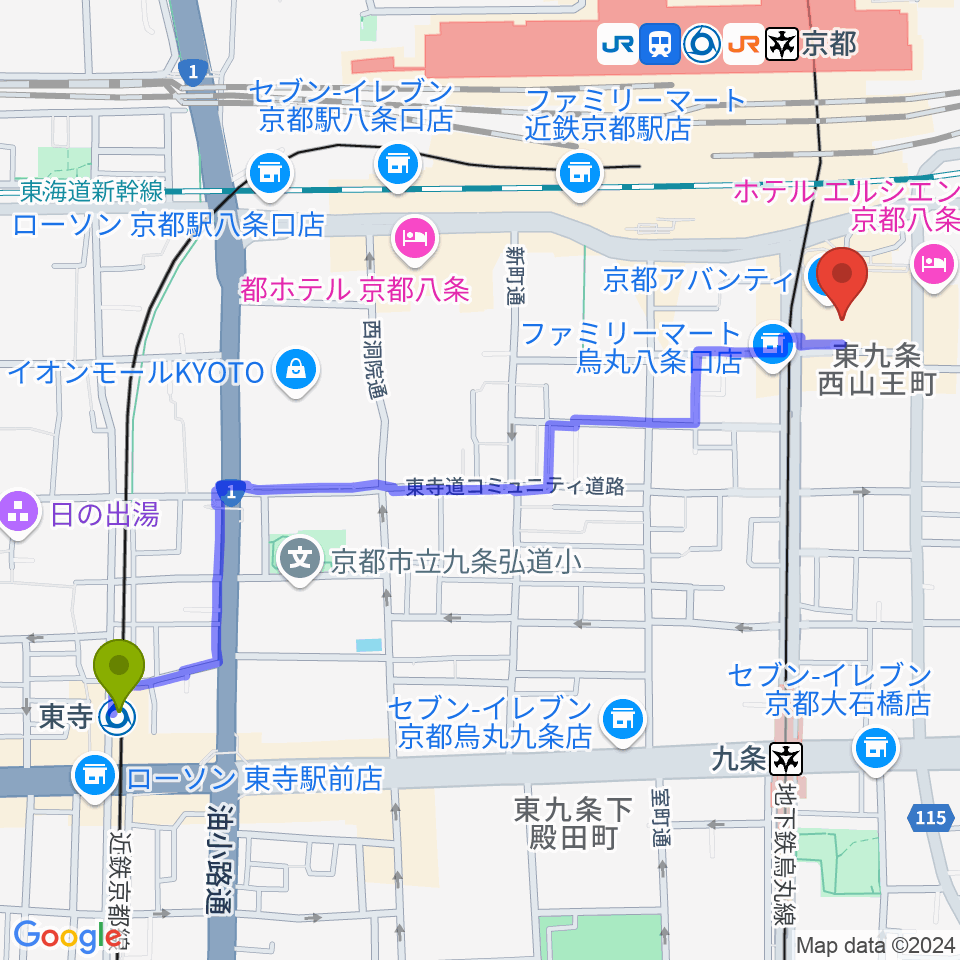 東寺駅から龍谷大学 響都ホール 校友会館へのルートマップ地図