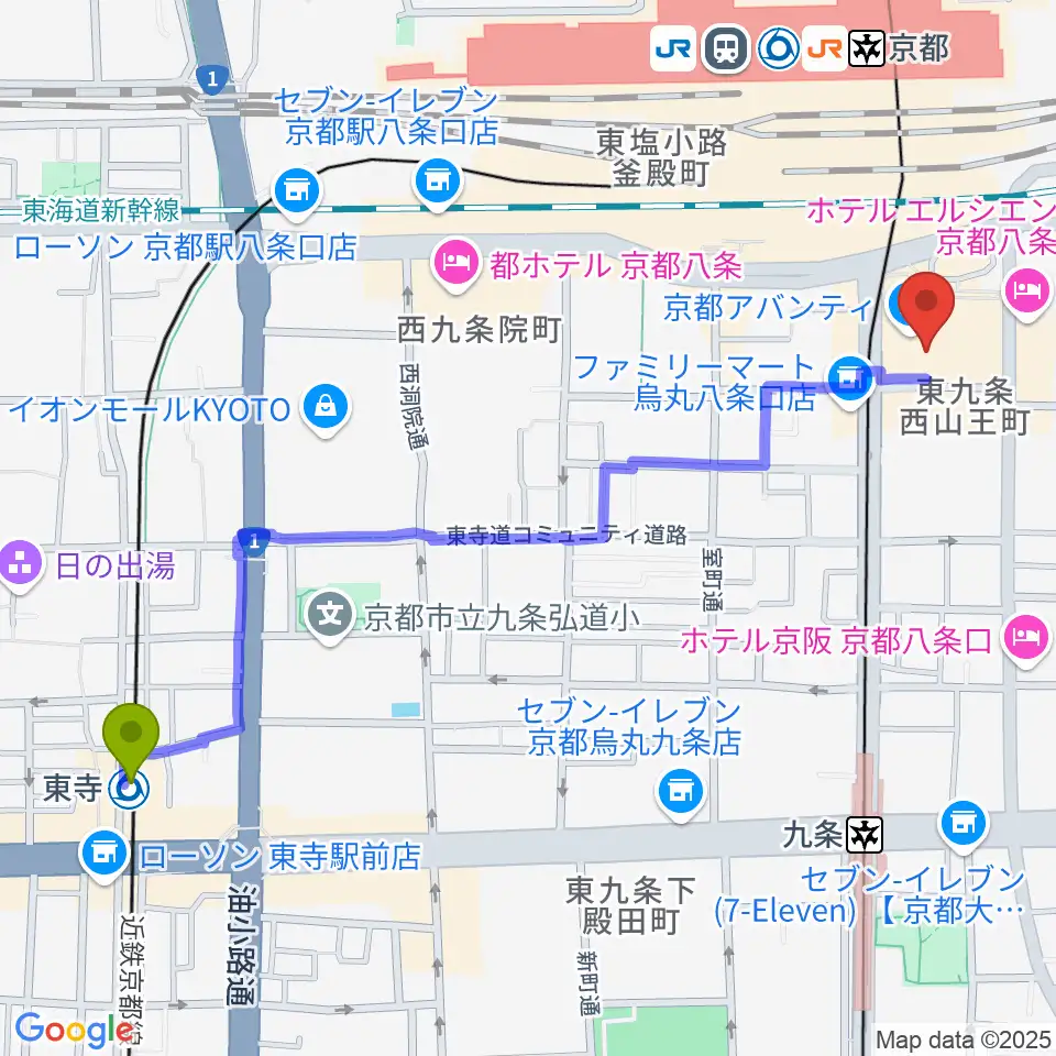 東寺駅から龍谷大学 響都ホール 校友会館へのルートマップ地図