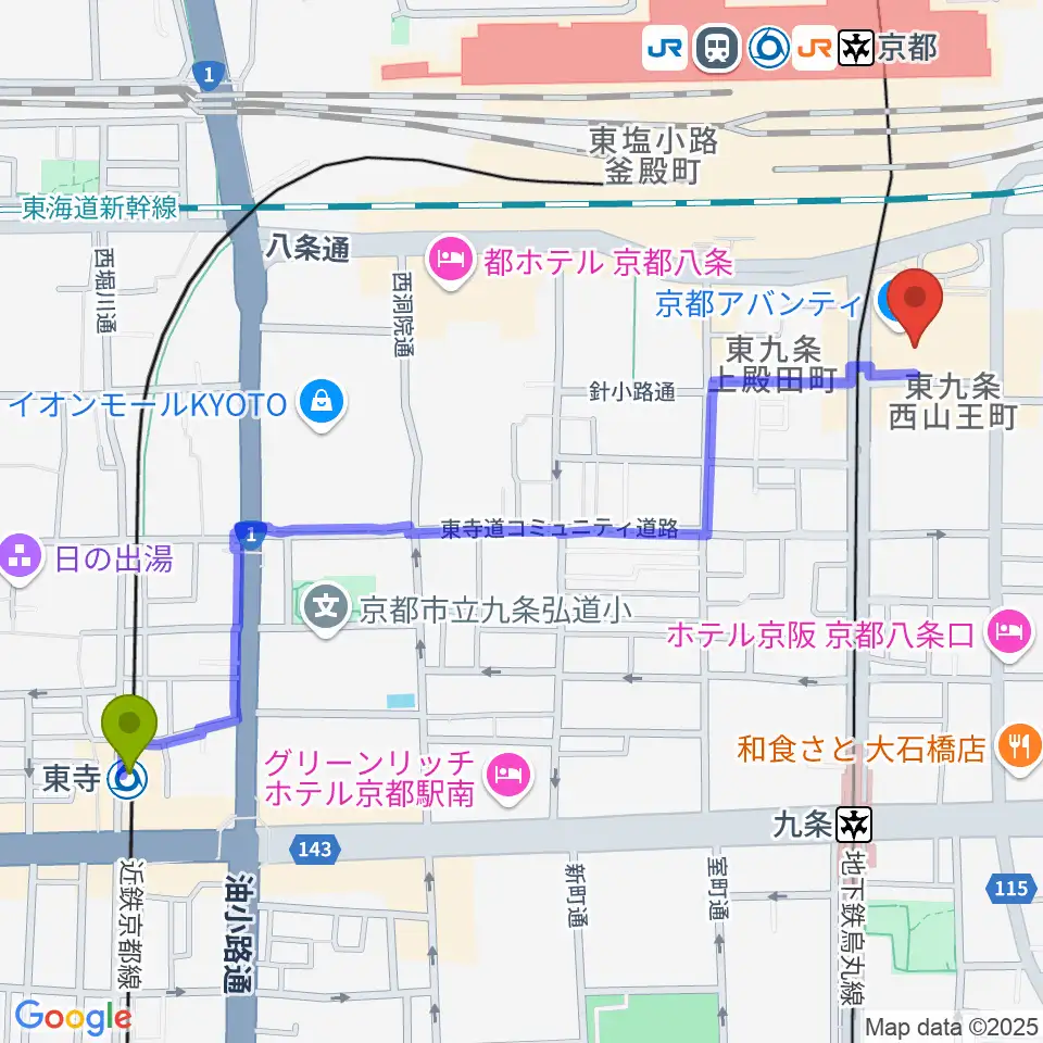 東寺駅から龍谷大学 響都ホール 校友会館へのルートマップ地図