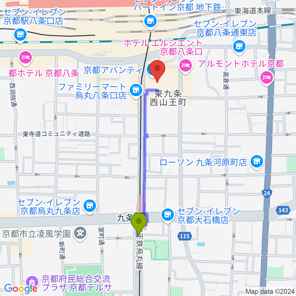 九条駅から龍谷大学 響都ホール 校友会館へのルートマップ地図