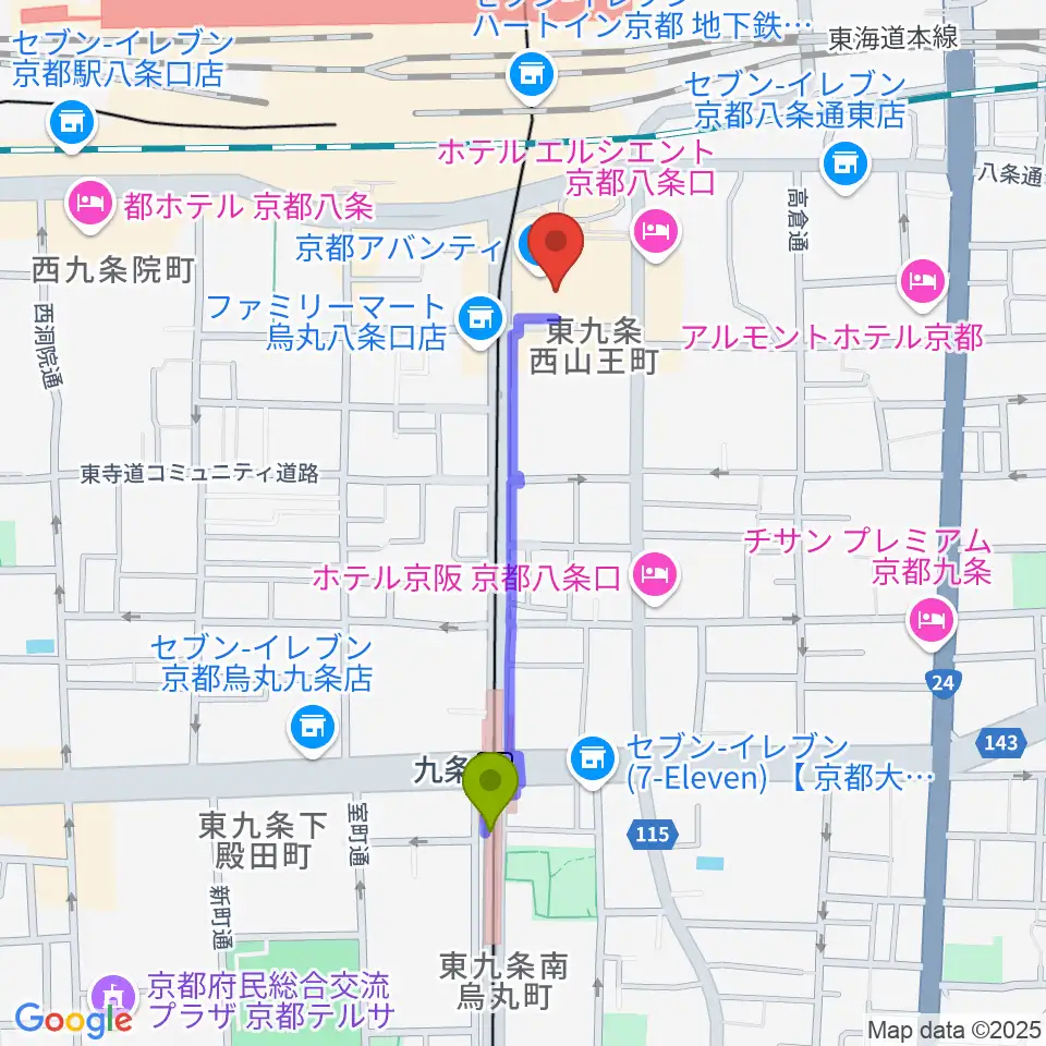 九条駅から龍谷大学 響都ホール 校友会館へのルートマップ地図