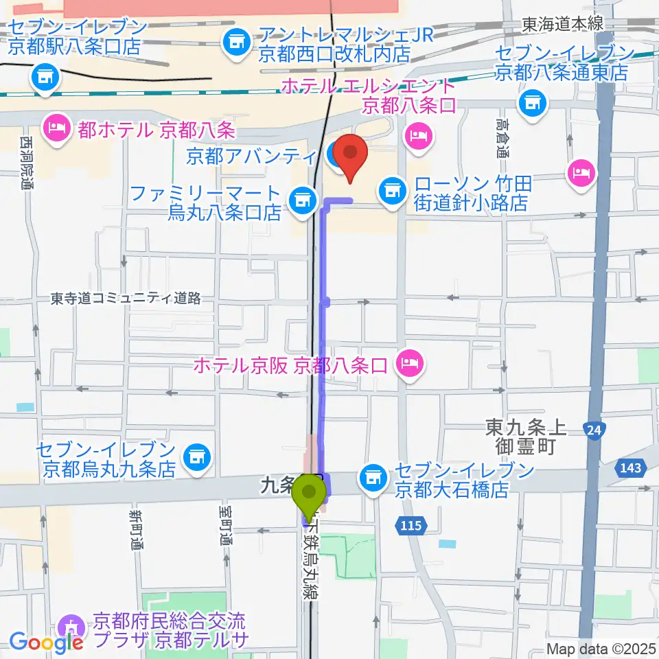 九条駅から龍谷大学 響都ホール 校友会館へのルートマップ地図