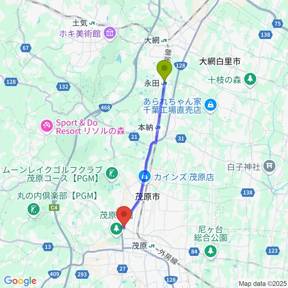 永田駅からASMO劇場へのルートマップ地図