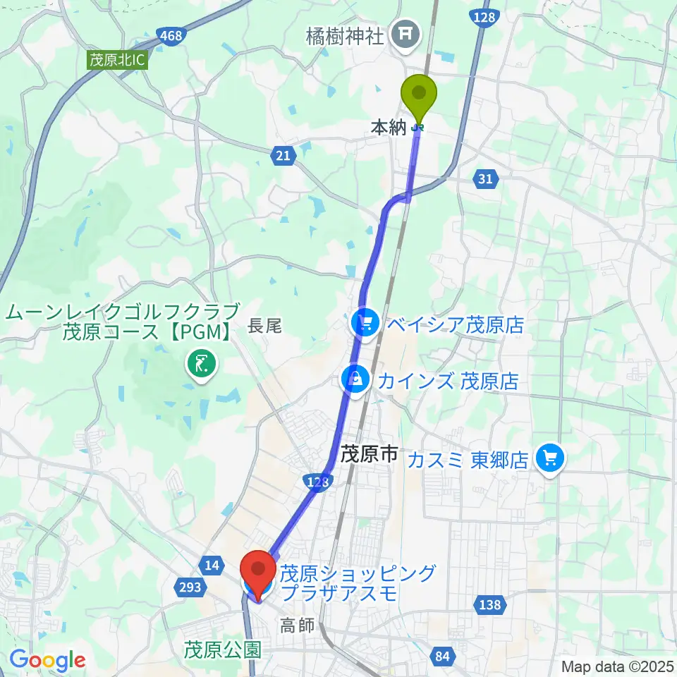 本納駅からASMO劇場へのルートマップ地図