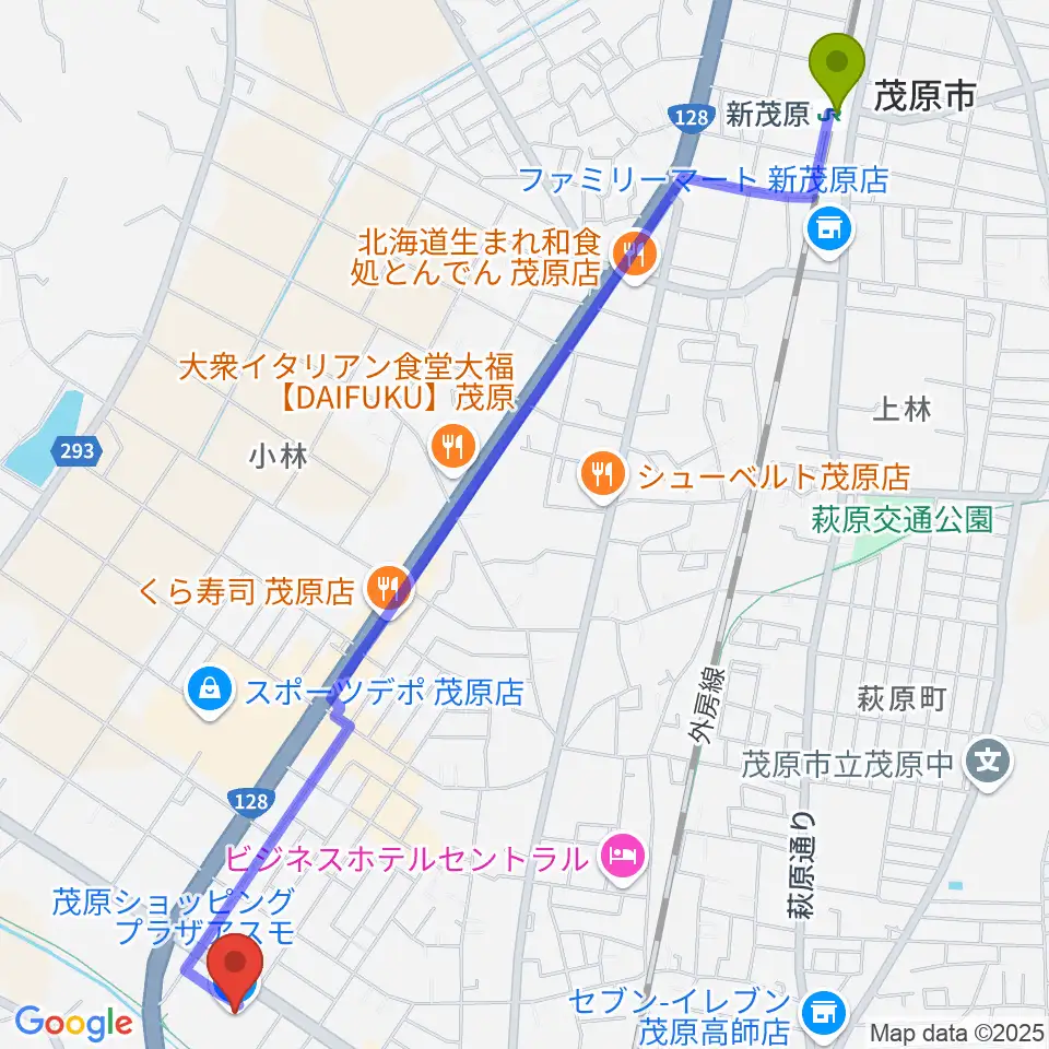 新茂原駅からASMO劇場へのルートマップ地図