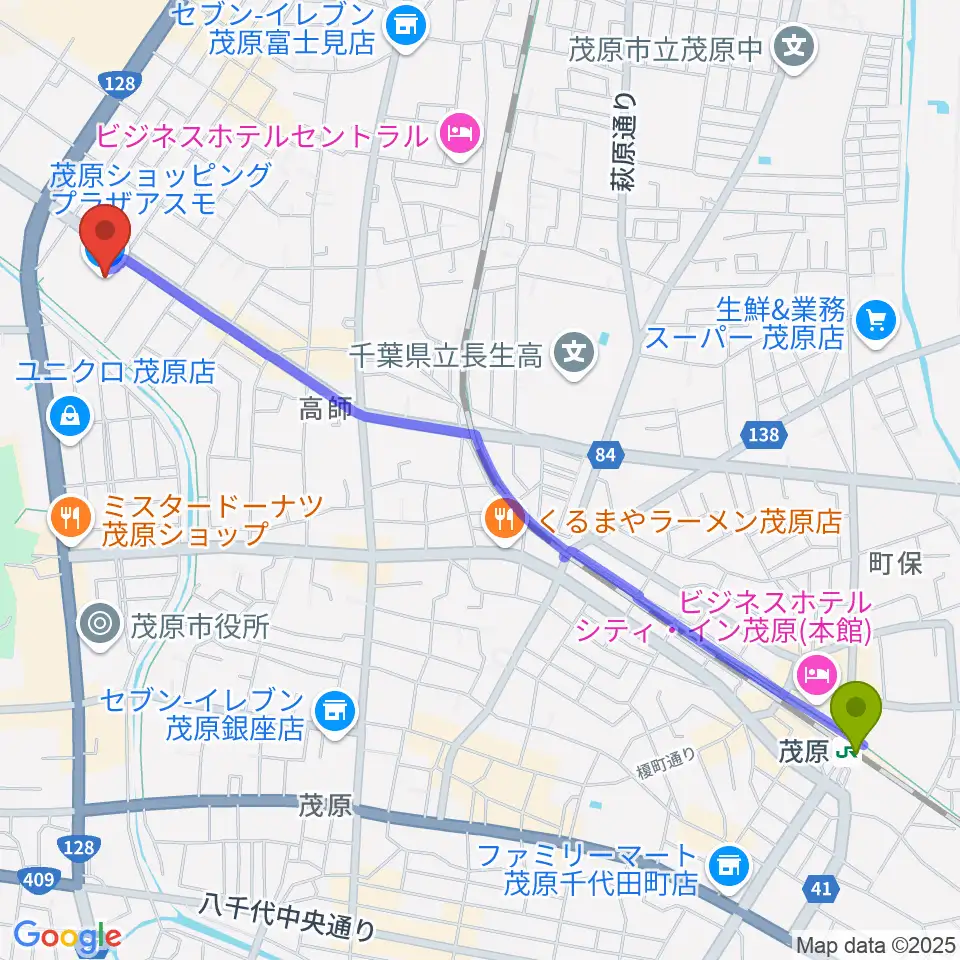 ASMO劇場の最寄駅茂原駅からの徒歩ルート（約29分）地図