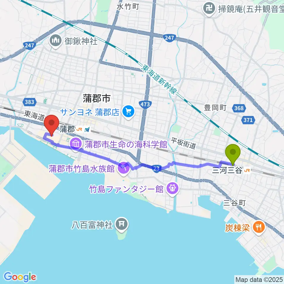 三河三谷駅から蒲郡市民会館へのルートマップ地図