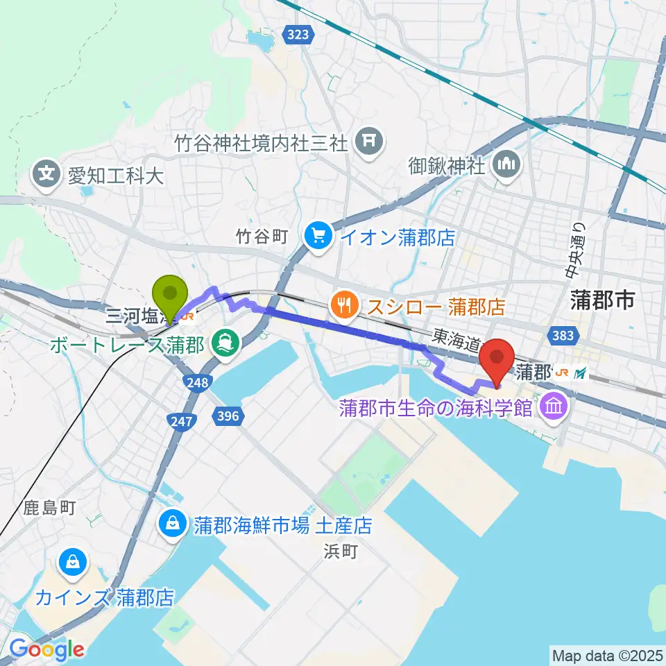 三河塩津駅から蒲郡市民会館へのルートマップ地図