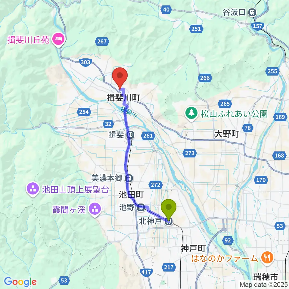 北神戸駅から揖斐川町地域交流センターはなももへのルートマップ地図