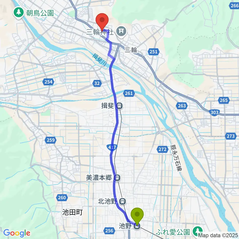 池野駅から揖斐川町地域交流センターはなももへのルートマップ地図