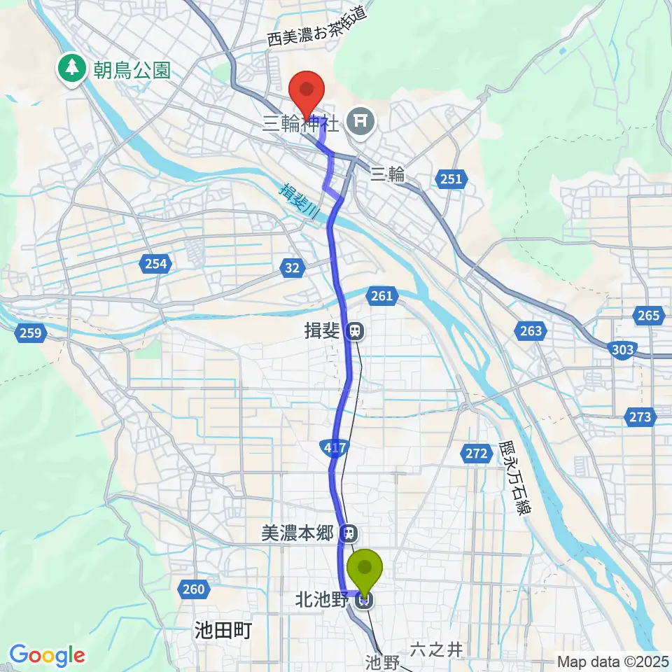北池野駅から揖斐川町地域交流センターはなももへのルートマップ地図
