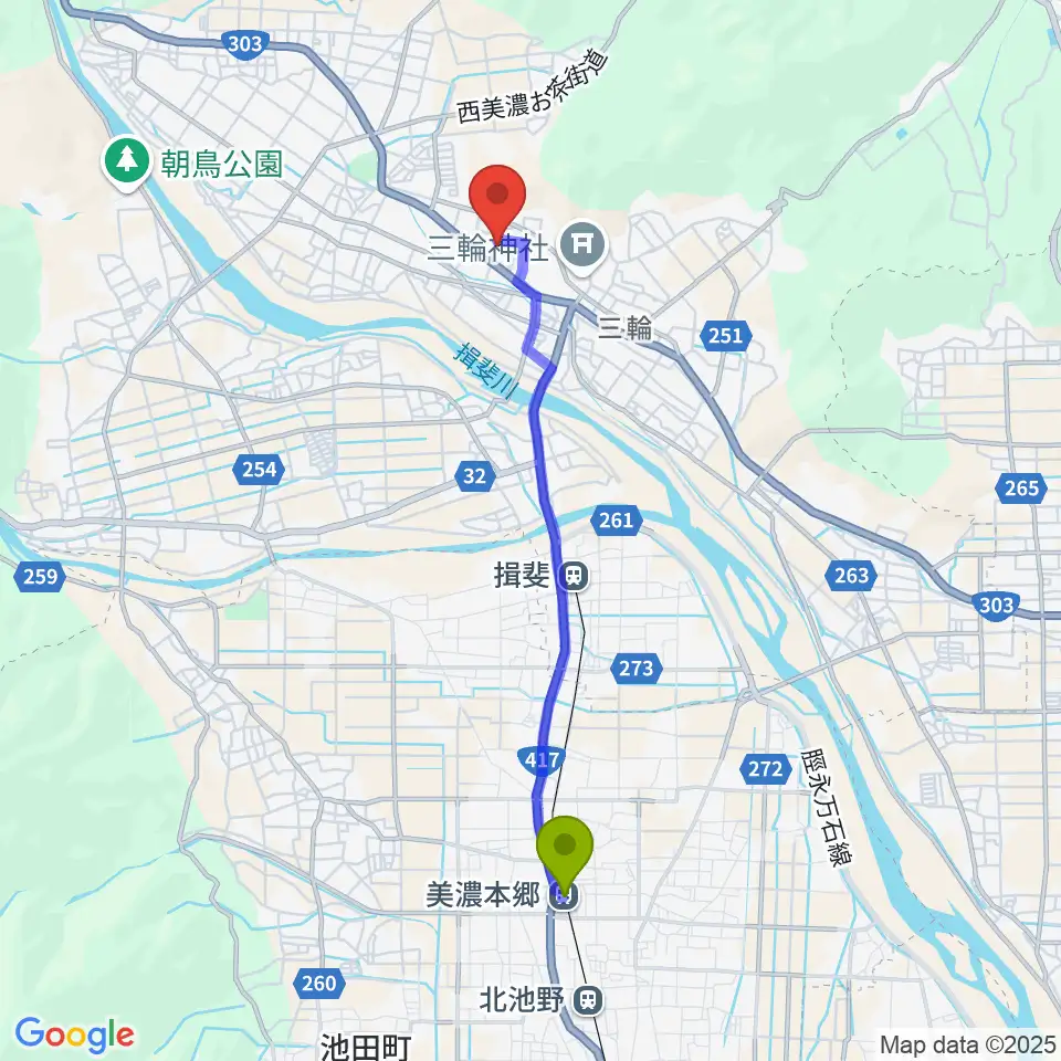 美濃本郷駅から揖斐川町地域交流センターはなももへのルートマップ地図