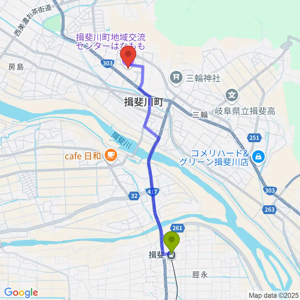 揖斐川町地域交流センターはなももの最寄駅揖斐駅からの徒歩ルート（約39分）地図