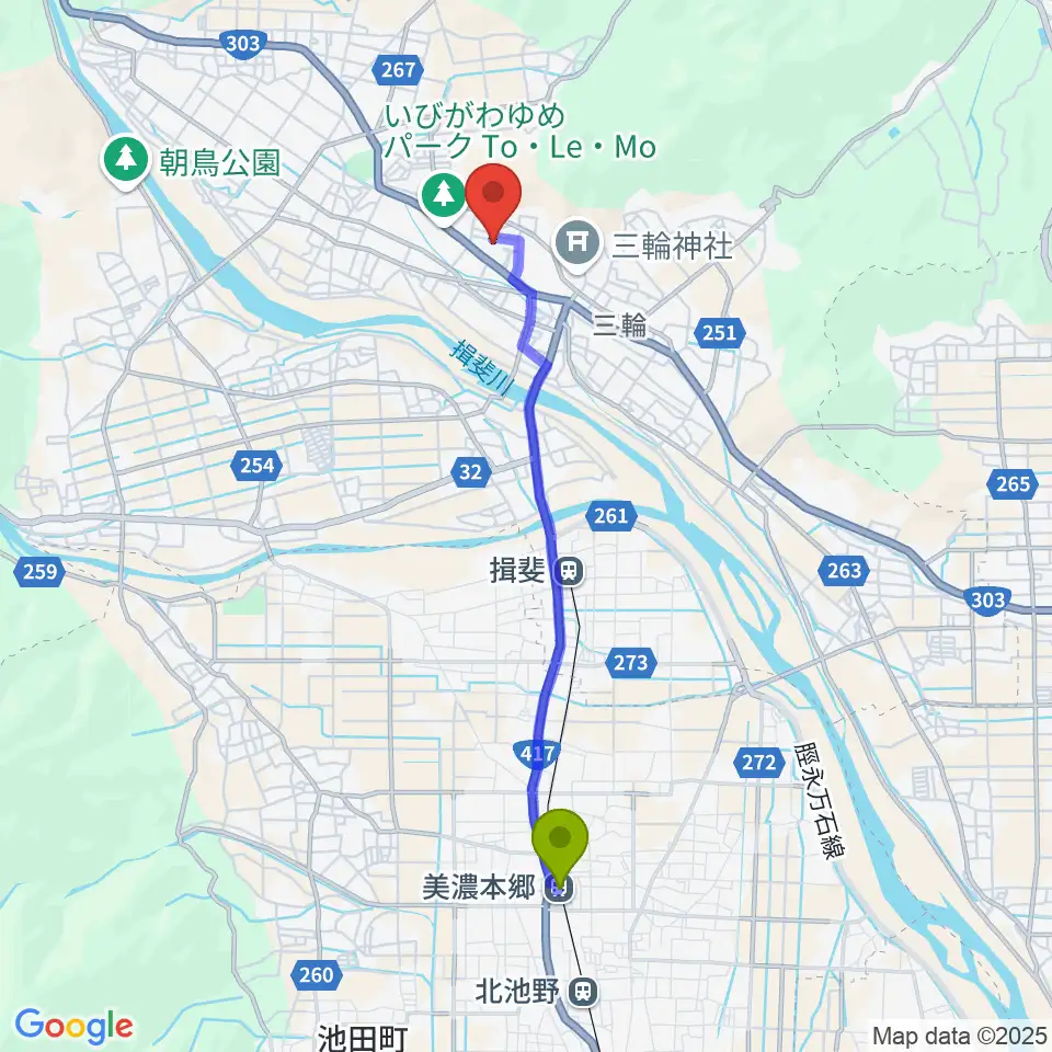 美濃本郷駅から揖斐川町地域交流センターはなももへのルートマップ地図