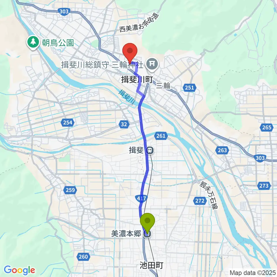 美濃本郷駅から揖斐川町地域交流センターはなももへのルートマップ地図