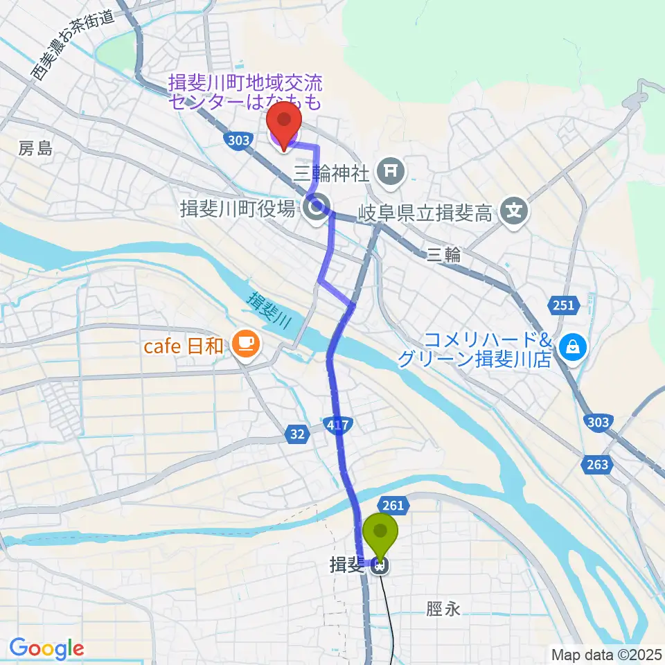 揖斐駅から揖斐川町地域交流センターはなももへのルートマップ地図