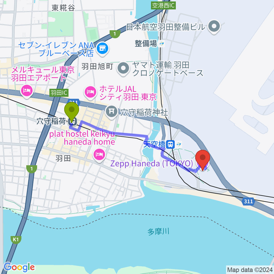 穴守稲荷駅からZepp羽田へのルートマップ地図