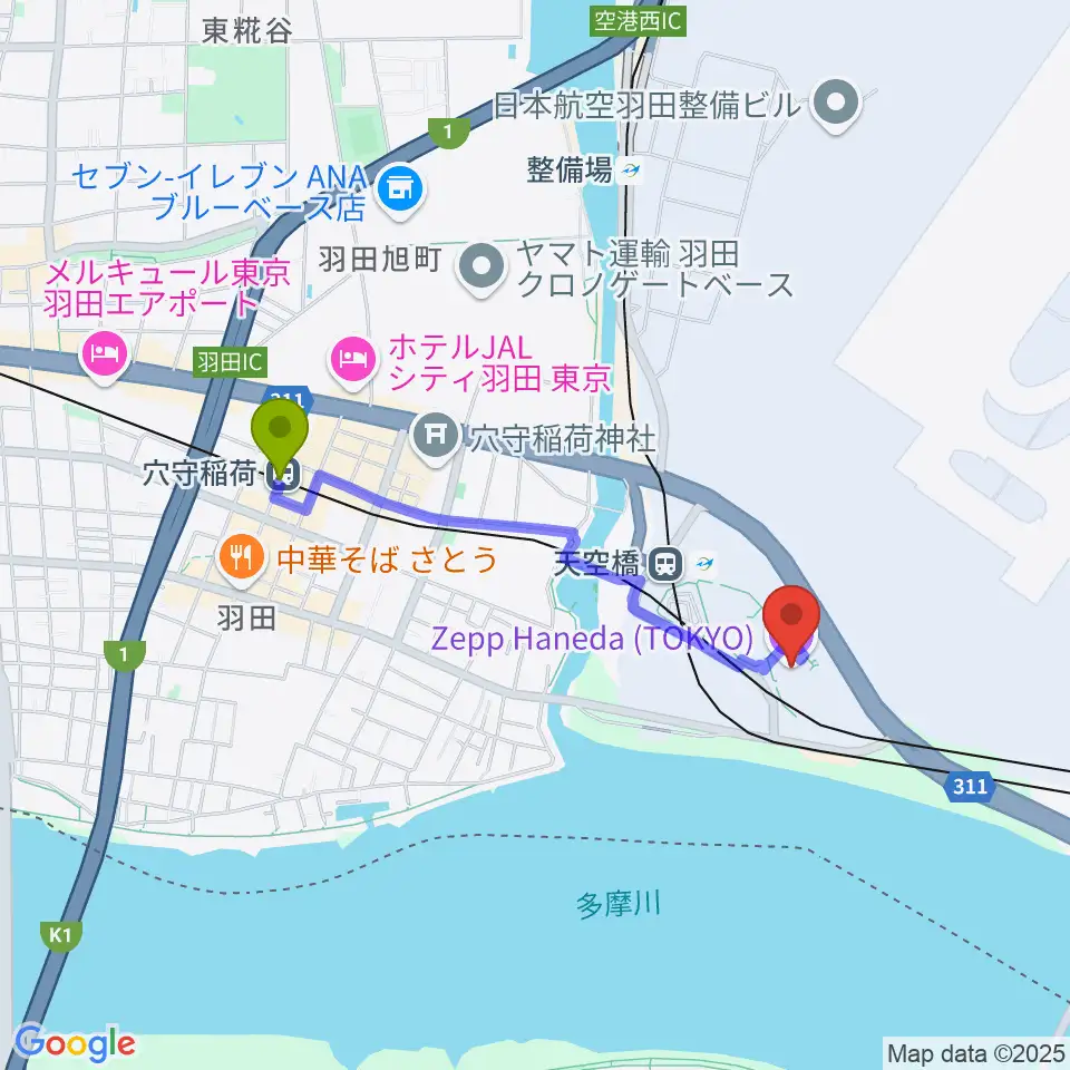 穴守稲荷駅からZepp羽田へのルートマップ地図