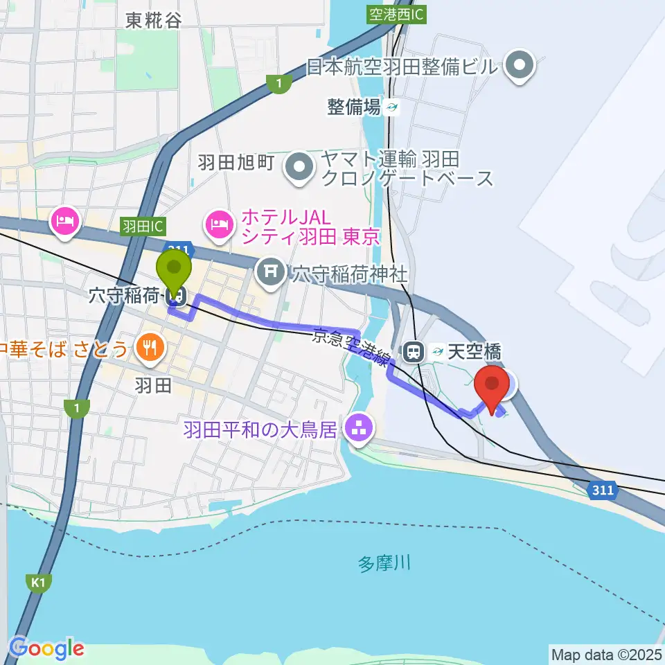 穴守稲荷駅からZepp羽田へのルートマップ地図