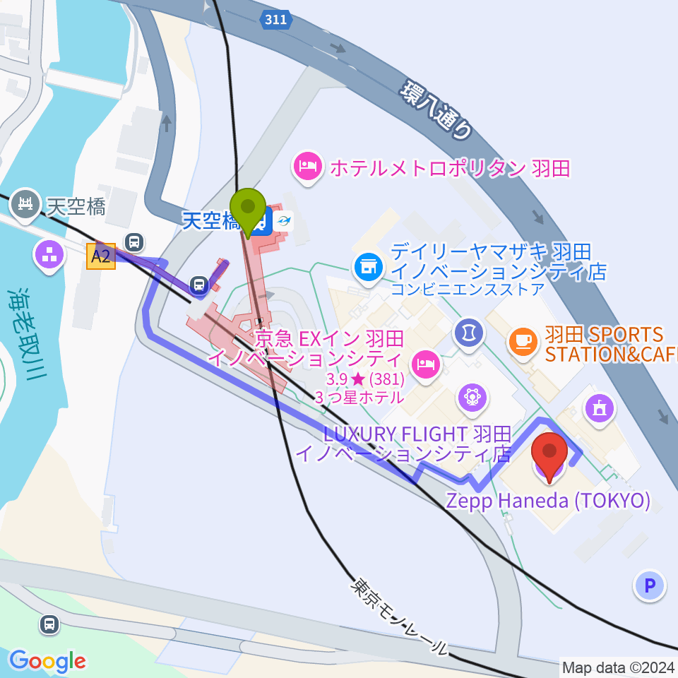 Zepp羽田の最寄駅天空橋駅からの徒歩ルート（約4分）地図