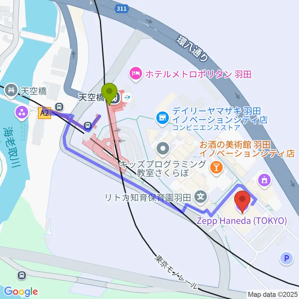 Zepp羽田の最寄駅天空橋駅からの徒歩ルート（約4分）地図