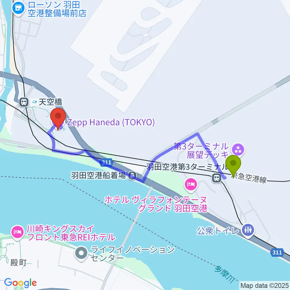 羽田空港第3ターミナル駅からZepp羽田へのルートマップ地図